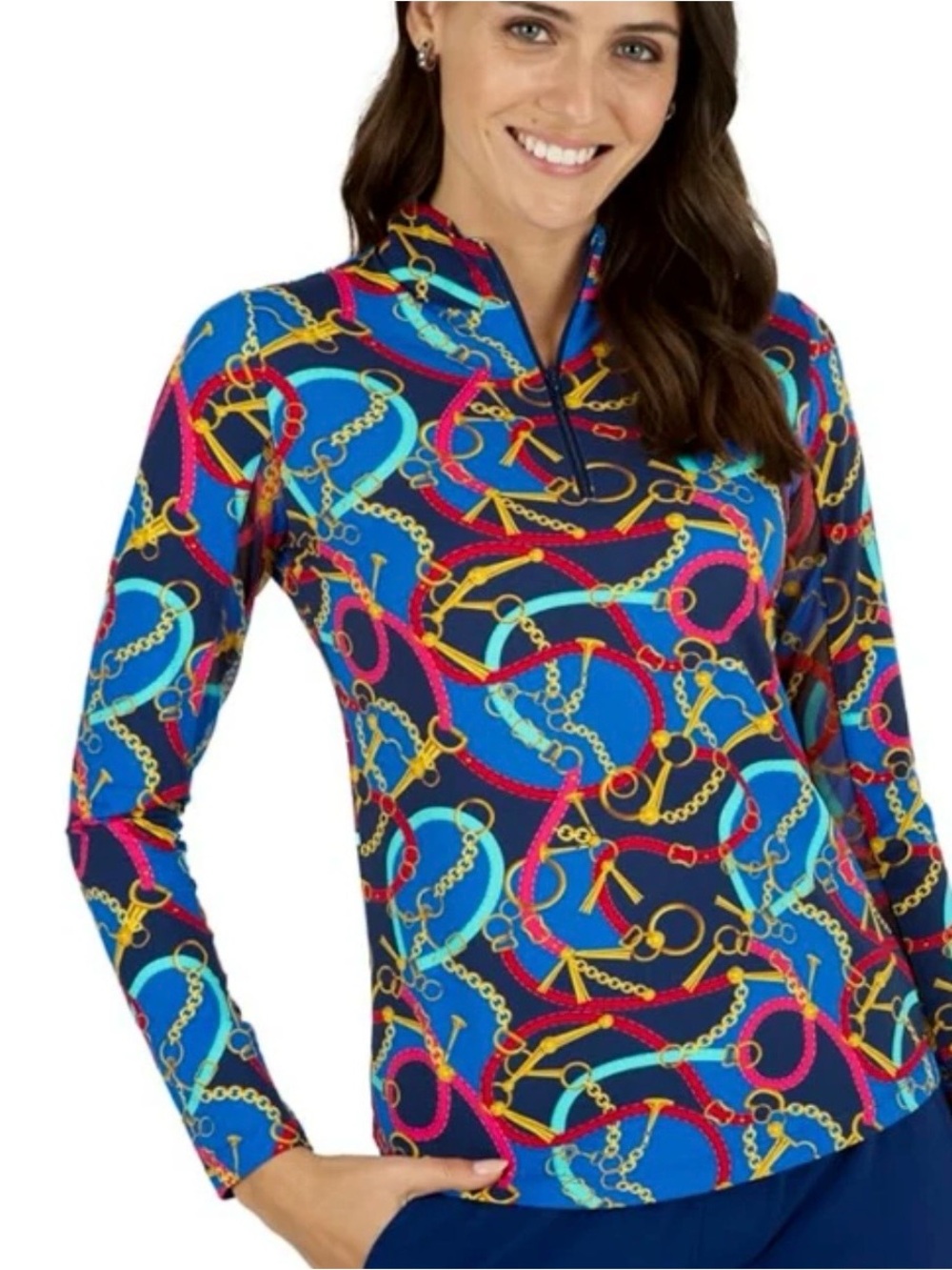 IBKUL Golf Tennis 1/4 Zip Top Womans Sz L Mesh Sleeve UPF 50 Equestrian Print